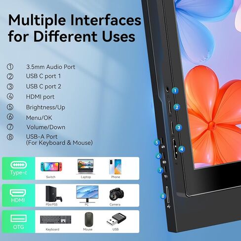 شاشة لمس محمولة 16 بوصة 1920X1200P IPS تعمل باللمس مع منفذ USB C HDMI، 350cd/m²، شاشات خارجية لأجهزة الكمبيوتر المحمول والهواتف وأجهزة الكمبيوتر PS4/5 in Kuwait