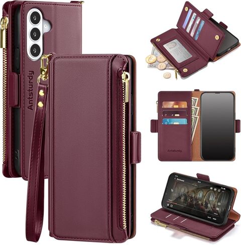 Antsturdy Compatible with Samsung Galaxy S26 Wallet Case with Card Holder【RFID Blocking】【Zipper Poket】【8 Card Slot】 PU Leather Flip Protective Cover Credit Card Wrist Strap Men Women,Wine Red in Kuwait