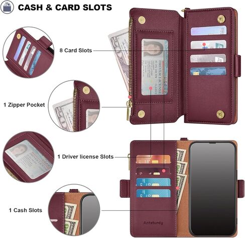 Antsturdy Compatible with Samsung Galaxy S26 Wallet Case with Card Holder【RFID Blocking】【Zipper Poket】【8 Card Slot】 PU Leather Flip Protective Cover Credit Card Wrist Strap Men Women,Wine Red in Kuwait