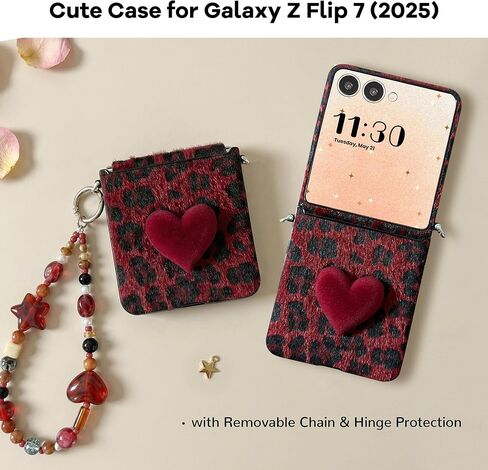 حافظة لهاتف Z Flip 7 مع سلسلتين وحماية للمفصلات، حافظة لهاتف Galaxy Z Flip 7 بتصميم أحمر أنيق بطبعة جلد الفهد للنساء والفتيات، حافظة لطيفة مقاومة للصدمات لهاتف Samsung Galaxy Z Flip 7 in Kuwait