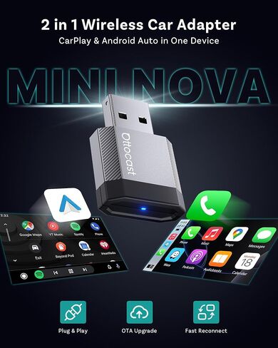 محول OTTOCAST Mini Nova Wireless CarPlay يحول السلكي إلى CarPlay اللاسلكي، توصيل تلقائي سريع، توصيل وتشغيل 2 في 1 دونجل صغير لسيارات CarPlay السلكية/Android Auto Car in Kuwait