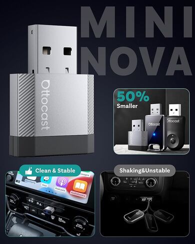 محول OTTOCAST Mini Nova Wireless CarPlay يحول السلكي إلى CarPlay اللاسلكي، توصيل تلقائي سريع، توصيل وتشغيل 2 في 1 دونجل صغير لسيارات CarPlay السلكية/Android Auto Car in Kuwait