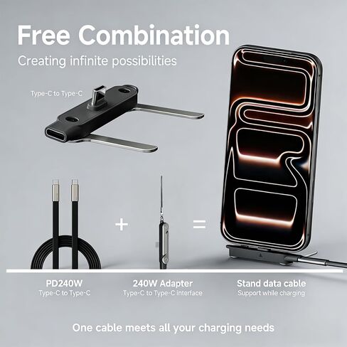 Invisible Holder Charger Cable with Stand,2 in 1 Sideways Invisible Holder Charger Cable,240W Foldable Phone Stand Cord for Smartphones & Tablets (Black) in Saudi Arabia