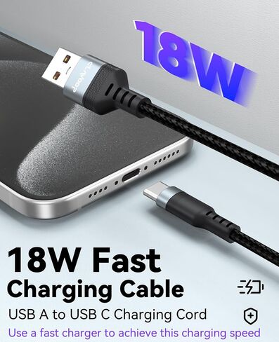 USB A to USB C Cable 30ft Charging 18W, Extra Long USB-C Charge Cord 30 Foot, Type C Only Charge Cables Braided Black for Car DashCam iPhone 17/16/15 Galaxy S25/24/23 Pixel XL/2/3/4XL in Kuwait