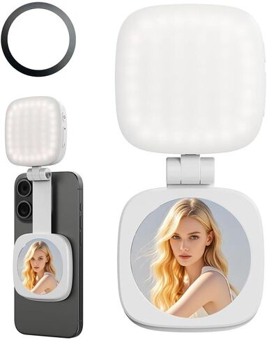 Portable MagSafe Mini Fill Light with Mirror - Dual Color Temperature, Hands-Free Magnetic Attachment for Live Streaming, Video Conference, Vlogging, Makeup & Daily Selfies (Pearl White) in Kuwait