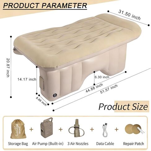 Car Air Mattress for Back Seat, Inflatable Car Bed with Built-in Rechargeable Cordless Air Pump, Support Column & Pillow Design, Portable Travel Car Sleeping Mattress for Sedan SUV Camping Road Trip in Kuwait