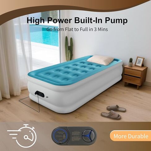Air Mattress Twin with Built in Pump, 18" Height Foldable Blow up Air Bed, Comfort Self Inflatable Mattress Single Bed for Home, Travel, Camping & Guests, Blue in Kuwait