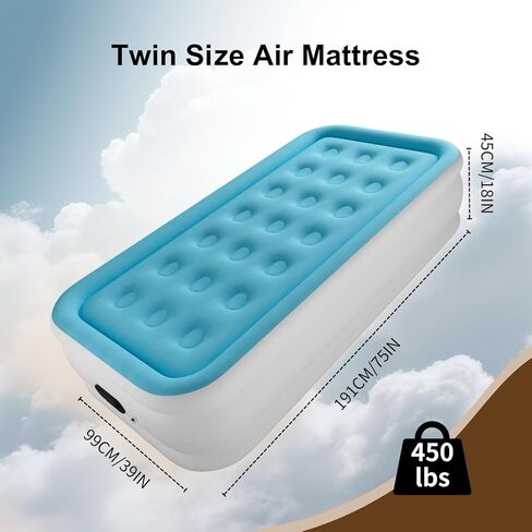 Air Mattress Twin with Built in Pump, 18" Height Foldable Blow up Air Bed, Comfort Self Inflatable Mattress Single Bed for Home, Travel, Camping & Guests, Blue in Kuwait