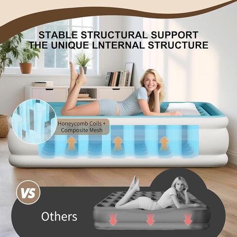 Air Mattress Twin with Built in Pump, 18" Height Foldable Blow up Air Bed, Comfort Self Inflatable Mattress Single Bed for Home, Travel, Camping & Guests, Blue in Kuwait