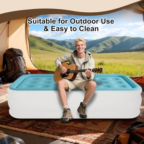 Air Mattress Twin with Built in Pump, 18" Height Foldable Blow up Air Bed, Comfort Self Inflatable Mattress Single Bed for Home, Travel, Camping & Guests, Blue in Kuwait