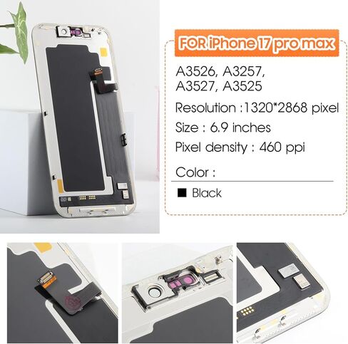 شاشة أصلية لهاتف iPhone 17 Pro Max بديلة لشاشة iPhone 17 Pro Max LCD A3526، A3257، A3527، A3525 أجزاء إصلاح مجموعة محول الأرقام بشاشة تعمل باللمس ثلاثية الأبعاد (أسود بدون إطار) in Kuwait