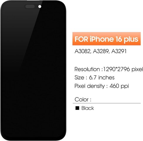 Not Original Screen for iPhone 16 Plus Screen Replacement for iPhone 16 Plus LCD Screen A3290,A3082,A3289,A3291 3D Touch Display Digitizer Assembly Repair Parts(Black No Frame in Kuwait