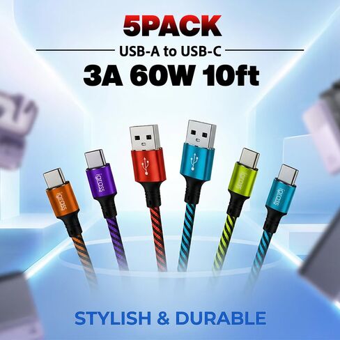 كابل USB A إلى USB C من igrass 5 حزم، كابل شاحن USB C بطول 10 أقدام، كابل شحن سريع من النوع C بقدرة 60 وات لسلسلة iPhone 17/16/15 وiPad mini 6 وSamsung Galaxy وأجهزة USB-C in Kuwait