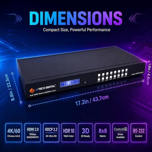 J-Tech Digital 8x8 HDMI Matrix Switch Switcher HDMI 2.0 HDR 4K@60Hz YUV 4:4:4, HDCP 2.2/1.4, 18Gbps, EDID, IP/Ethernet Control, Compatible with Control4 Driver [JTECH-8x8-H20] in Kuwait