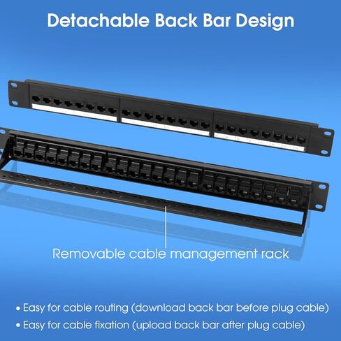 24 Port Keystone Patch Panel, 1U 19-inch RJ45 Network Patch Panel with Back Bar, Loaded with 24 Cat6 Couplers (Black) in Kuwait