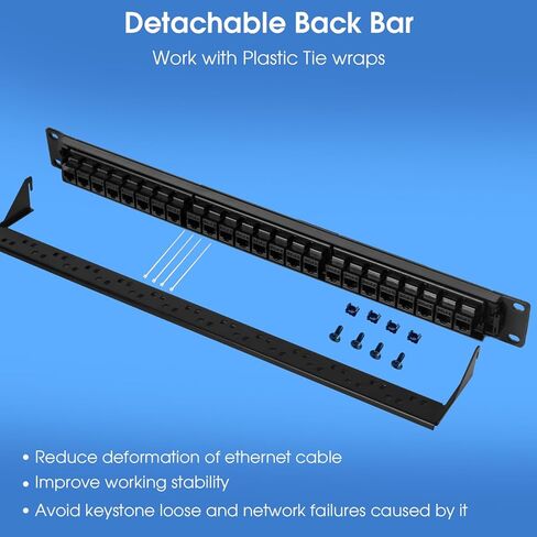 24 Port Keystone Patch Panel, 1U 19-inch RJ45 Network Patch Panel with Back Bar, Loaded with 24 Cat6 Couplers (Black) in Kuwait