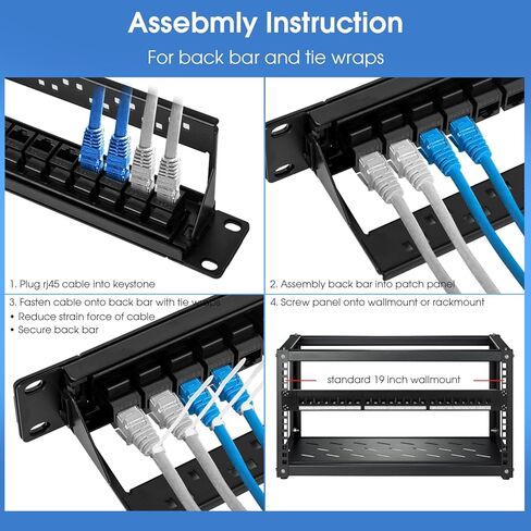 24 Port Keystone Patch Panel, 1U 19-inch RJ45 Network Patch Panel with Back Bar, Loaded with 24 Cat6 Couplers (Black) in Kuwait