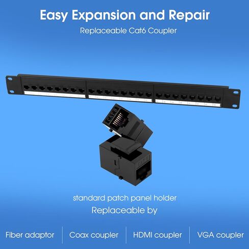 24 Port Keystone Patch Panel, 1U 19-inch RJ45 Network Patch Panel with Back Bar, Loaded with 24 Cat6 Couplers (Black) in Kuwait