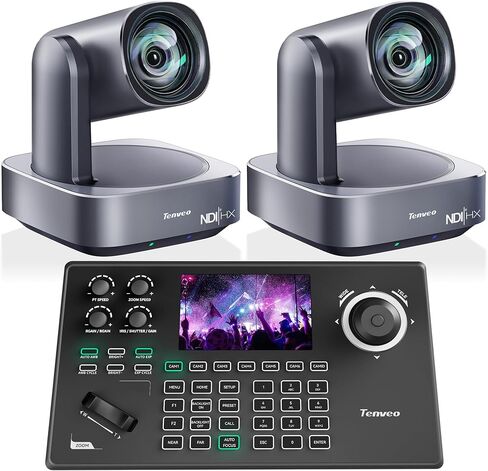 Tenveo 4K NDI PTZ Camera and Controller Bundle, AI Tracking HDMI/USB3.0/LAN/PoE12X 4K NDI PTZ Camera(2PCS) and NDI PTZ Controller 5-Inch LCD 4D Joystick for Church Live Streaming Conference in Kuwait
