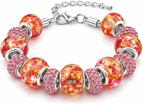Savlano Silver Tone Snake Chain Charm Bracelet Crystal and Murano Glass Beads with 2 inch Extension for Women & Girls Comes with Gift Box in Saudi Arabia