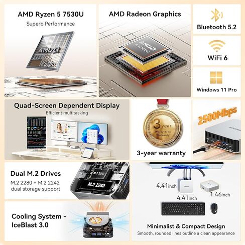 GEEKOM 2026 A5 Pro High-Performance Mini PC with AMD Ryzen 5 7530U, 16GB DDR4 RAM(Up to 96GB, Not LPDDR), 1TB NVMe SSD|Windows 11 Pro|4 Displays| 8K |Wi-Fi 6|3-Year Coverage|Education|Office|Coding in Kuwait