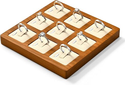 Oirlv Solid Wood Ring Display Stand Showcase Ring Display Organizer Tray 9 Bits Ring Holder (Creamy-White) in Kuwait