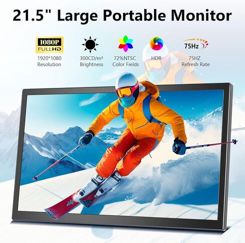 شاشة ثانية كبيرة محمولة مقاس 21.5 بوصة بدقة FHD 1080P 75 هرتز، شاشة خارجية USB-C HDMI لألعاب الكمبيوتر المكتبي والكمبيوتر المحمول، يدعم حامل VESA in Kuwait