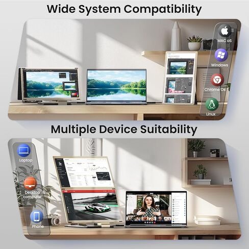 موسع شاشة الكمبيوتر المحمول الثلاثي 15.6 بوصة - شاشة محمولة FHD 1080P 120% sRGB IPS شاشة إضافية قابلة للفصل، التوصيل والتشغيل، متوافقة مع Windows/Mac/Android/Chrome/Linux in Kuwait
