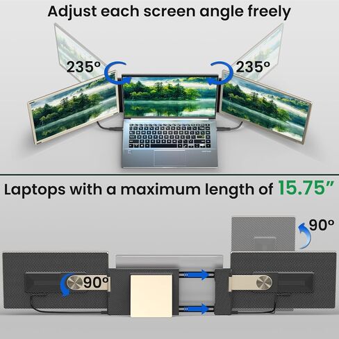 موسع شاشة الكمبيوتر المحمول الثلاثي 15.6 بوصة - شاشة محمولة FHD 1080P 120% sRGB IPS شاشة إضافية قابلة للفصل، التوصيل والتشغيل، متوافقة مع Windows/Mac/Android/Chrome/Linux in Kuwait