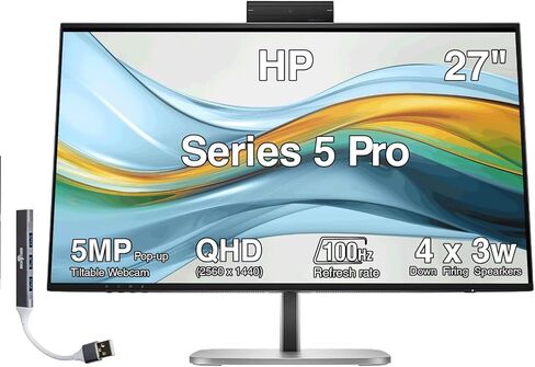 HP Series 5 Pro 27" QHD USB-C Conferencing Monitor, 5MP Pop-up Webcam, 4x3W Speakers, VESA Mount (100mm), Displayport, HDMI & Dockztorm USB Port Expander, Black/Silver in Kuwait