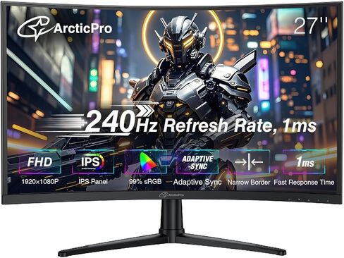ArcticPro 27inch 240Hz Curved Gaming Monitor, FHD 1080p, 1ms Response Time, 4000:1 Contrast, PC Monitor, Adaptive sync, 3-Sided Frameless, Ultra Slim, 120% sRGB, Bluelight Filter,HDMI & DP Ports in Kuwait