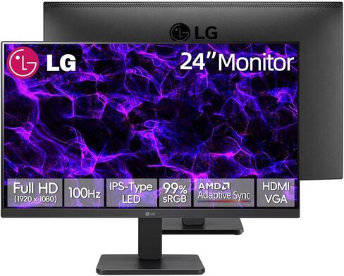 شاشة LG 24 بوصة FHD IPS، 100 هرتز، AMD FreeSync، 99% sRGB، مثبت أسود وآمن للوميض، مضادة للتوهج، شاشة بلا حدود من 3 جوانب، تحكم على الشاشة، قابل للتركيب على VESA، HDMI وVGA، قابل للتعديل، أسود in Kuwait