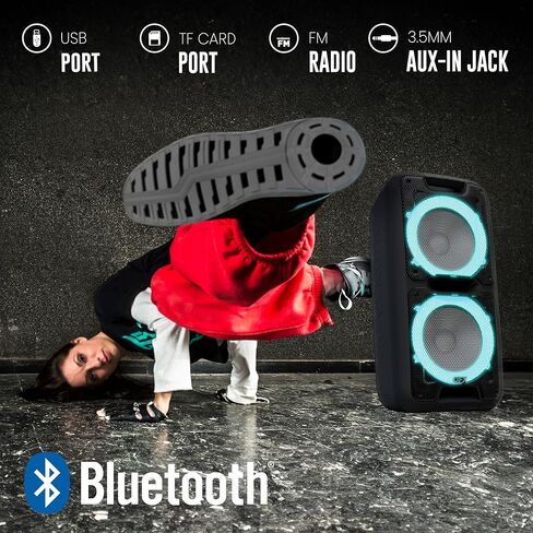 QFX PBX-100 Bluetooth Wireless Portable Party Speakers with Dual 10" Woofers - Rechargeable, LED Party Lights, 5-Band EQ, USB/TF Slot, Black in Kuwait