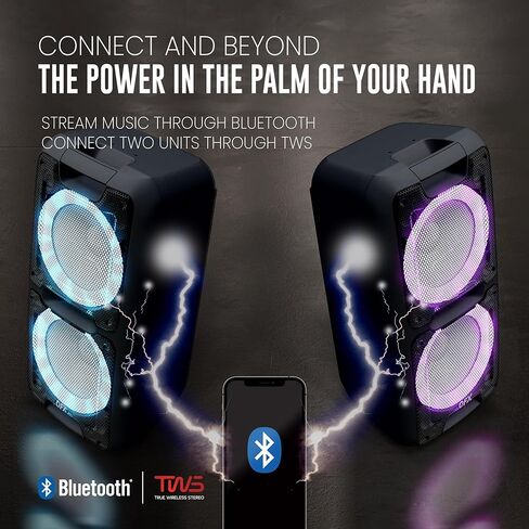 QFX PBX-100 Bluetooth Wireless Portable Party Speakers with Dual 10" Woofers - Rechargeable, LED Party Lights, 5-Band EQ, USB/TF Slot, Black in Kuwait