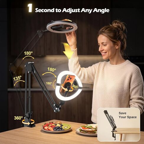CloudValley Magnetic Overhead Phone Mount with 10" Ring Light, 5000mAh Desktop Tripod with Battery Display, Foldable LED Selfie Light with iPhone Stand for Video Recording Cooking, Live Streaming in Kuwait