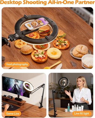 CloudValley Magnetic Overhead Phone Mount with 10" Ring Light, 5000mAh Desktop Tripod with Battery Display, Foldable LED Selfie Light with iPhone Stand for Video Recording Cooking, Live Streaming in Kuwait