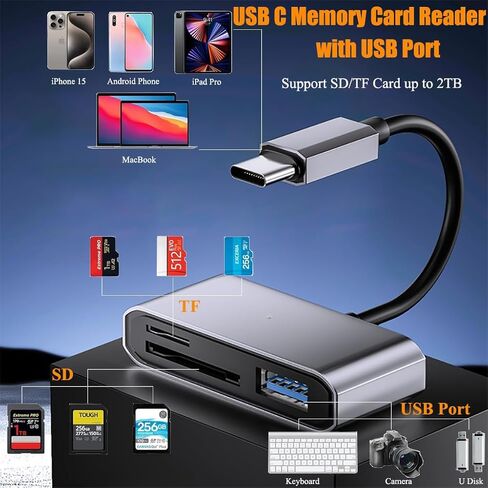 قارئ بطاقات USB C إلى SD/TF مع منفذ USB، محول قارئ بطاقات الذاكرة 3 في 1 مع كابل، التوصيل والتشغيل، نقل سريع للبيانات، آمن ومستقر للهاتف/الكمبيوتر اللوحي/الكمبيوتر المحمول in Kuwait