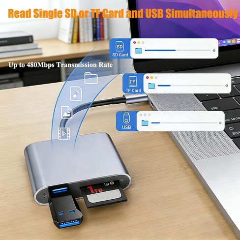 قارئ بطاقات USB C إلى SD/TF مع منفذ USB، محول قارئ بطاقات الذاكرة 3 في 1 مع كابل، التوصيل والتشغيل، نقل سريع للبيانات، آمن ومستقر للهاتف/الكمبيوتر اللوحي/الكمبيوتر المحمول in Kuwait