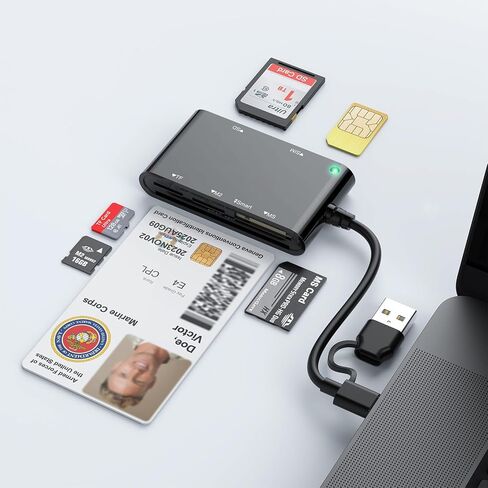 قارئ بطاقات ذكية 7 في 2 ومحول بطاقة ذاكرة - USB-C/USB-A قارئ بطاقات CAC PIV بواجهة مزدوجة للجيش والحكومة والخدمات المصرفية، متوافق مع Windows/macOS/Linux، التوصيل والتشغيل in Kuwait