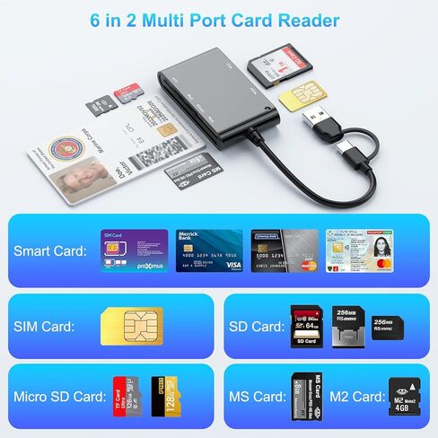 قارئ بطاقات ذكية 7 في 2 ومحول بطاقة ذاكرة - USB-C/USB-A قارئ بطاقات CAC PIV بواجهة مزدوجة للجيش والحكومة والخدمات المصرفية، متوافق مع Windows/macOS/Linux، التوصيل والتشغيل in Kuwait