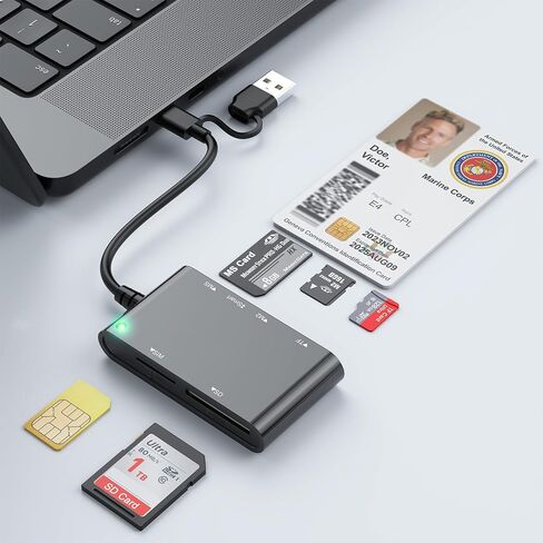 قارئ بطاقات ذكية 7 في 2 ومحول بطاقة ذاكرة - USB-C/USB-A قارئ بطاقات CAC PIV بواجهة مزدوجة للجيش والحكومة والخدمات المصرفية، متوافق مع Windows/macOS/Linux، التوصيل والتشغيل in Kuwait