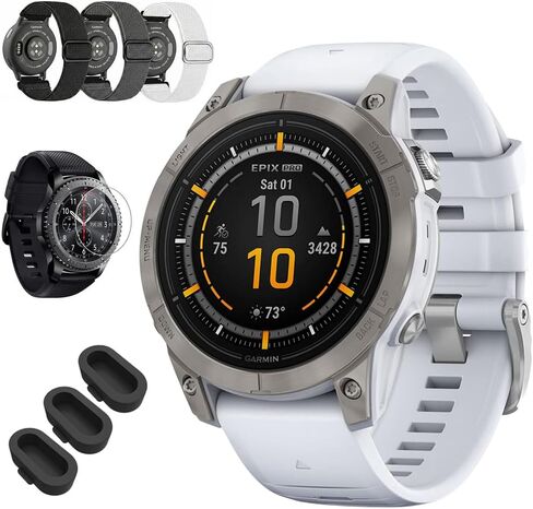 حزمة Garmin Epix Pro (الجيل 2)، 47 مم، ياقوتي، تيتانيوم، حجر أبيض 010-02803-20 مع 3 أشرطة مطاطية من النايلون من Deco Essentials، 3 عبوات من غطاء الغبار السيليكون وواقي شاشة زجاجي مستدير in Kuwait