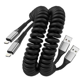 كابل Lightning ملفوف للسيارة، 2 كابل شاحن iPhone معتمد من MFi بطول 3 أقدام، كابل USB A قابل للسحب إلى كابل شحن سريع Lightning لـ iPhone 14 13 12 11 Pro Max XR XS X 8 7 Plus، iPad in Kuwait