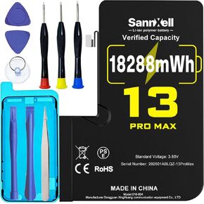 SannXell بطارية عالية السعة مطورة لاستبدال iPhone 13 Pro Max، 18288 ميجاوات في الساعة 0 دورة A2641 A2643 A2644 A2645 A2484، بطارية ليثيوم أيون طويلة الأمد للغاية مع مجموعة أدوات إصلاح كاملة in Kuwait