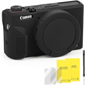 حافظة لكاميرا Canon PowerShot G7 X Mark III الرقمية، غطاء حماية ناعم مضاد للخدش مع غطاء عدسة قابل للإزالة، متوافق مع DSLR، يتضمن واقي شاشة وحزام معصم (أسود) in Kuwait
