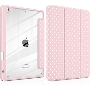 for iPad 9th 8th 7th Generation 10.2 Inch 2021 2020 2019 Case -[Built-in Pencil Holder], Shockproof Clear Hard Back, Slim Trifold Stand, Auto Wake/Sleep, for Girls teen Women, Pink white dot in Kuwait