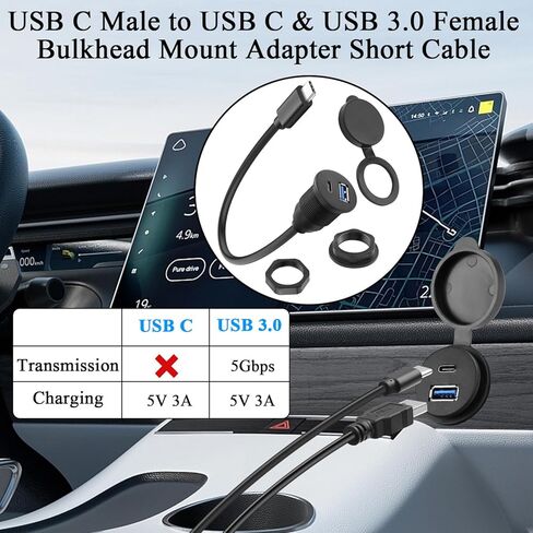 QIANRENON 2 في 1 USB C إلى USB C + USB 3.0 كابل قصير موصل ثابت ملولب 5 جيجا بايت في الثانية من النوع C ذكر إلى C & A أنثى محول حاجز مدمج 1 في 2، شحن 5V3A، للوحة قيادة السيارة، 30 سم / 11.8 بوصة in Kuwait