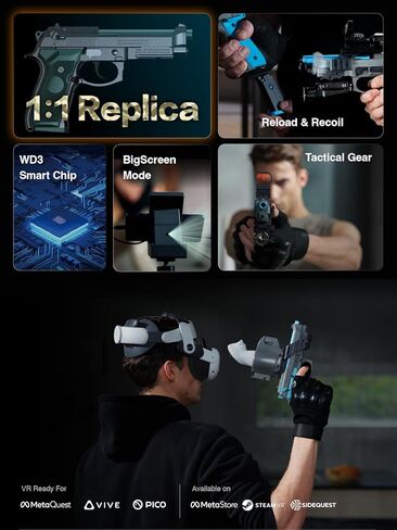 مسدس الواقع الافتراضي M9 الذكي لـ SteamVR، متوافق مع Quest 2/3/3S، HTC Vive، PICO 4 Ultra - مسدس الواقع الافتراضي الواقعي مع الارتداد والمجلة - هدية مثالية للاعبين وعشاق الرماية (VR + BigScreen + Gunsight) in Kuwait