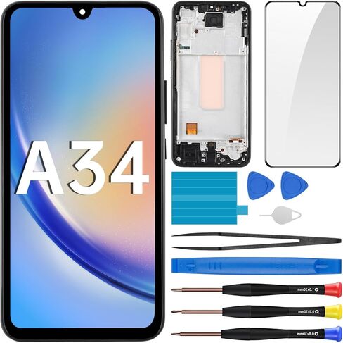 لهاتف Samsung Galaxy A34 AMOLED استبدال الشاشة مع إطار شاشة OLED تعمل باللمس محول رقمي تجميع كامل زجاج إصلاح مع مجموعة أدوات إصلاح A346E A346B A346M in Kuwait