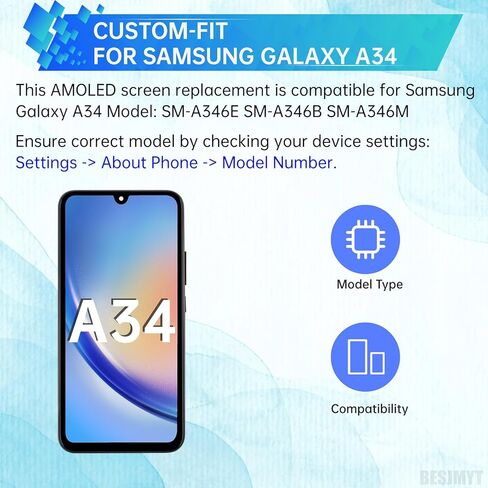لهاتف Samsung Galaxy A34 AMOLED استبدال الشاشة مع إطار شاشة OLED تعمل باللمس محول رقمي تجميع كامل زجاج إصلاح مع مجموعة أدوات إصلاح A346E A346B A346M in Kuwait